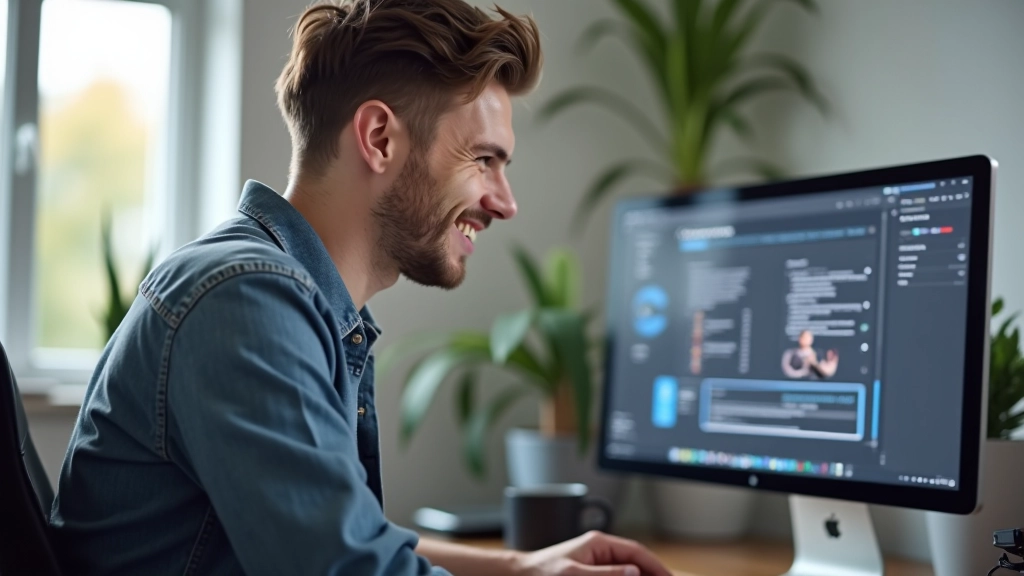 Radostný designer kouká na hotový design na obrazovce a usměje se na úspěch