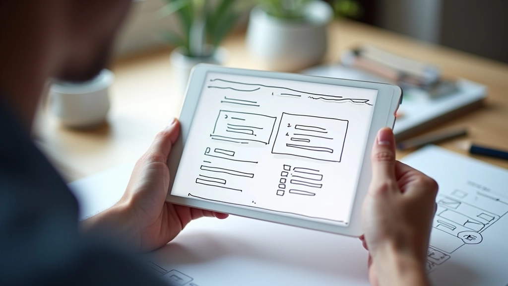 Wireframe mobilní aplikace s jasnou vizuální hierarchií a rozdělením prvků do sekcí